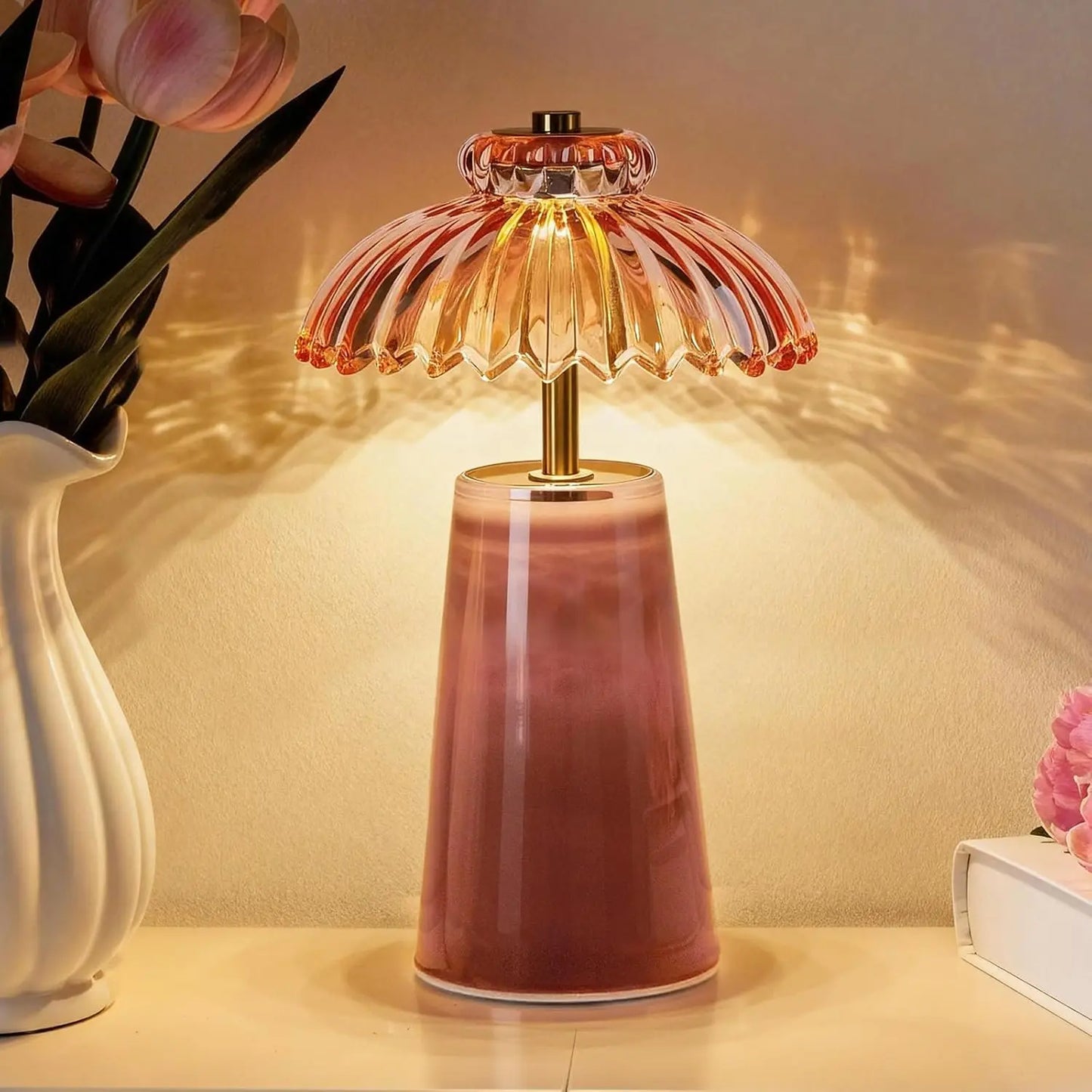 MJ PREMIER Cordless Battery-Operated Lamp with Timer, Crystal Glass Flower Shade, Compact Decorative LED Warm Light for Bedroom and Living Room Shelves