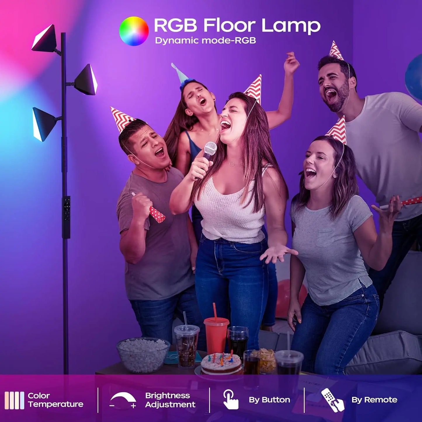 36W RGBCW Adjustable Floor Lamp with Remote and Touch Control - Modern Color Changing LED Tree Design for Living Room, Bedroom, and Gaming Room - Black Finish (2700K-6500K)