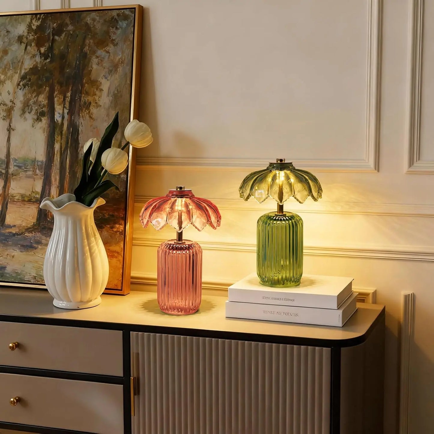 MJ PREMIER Cordless Battery-Operated Lamp with Timer, Crystal Glass Flower Shade, Decorative LED Warm Light for Bedroom and Living Room