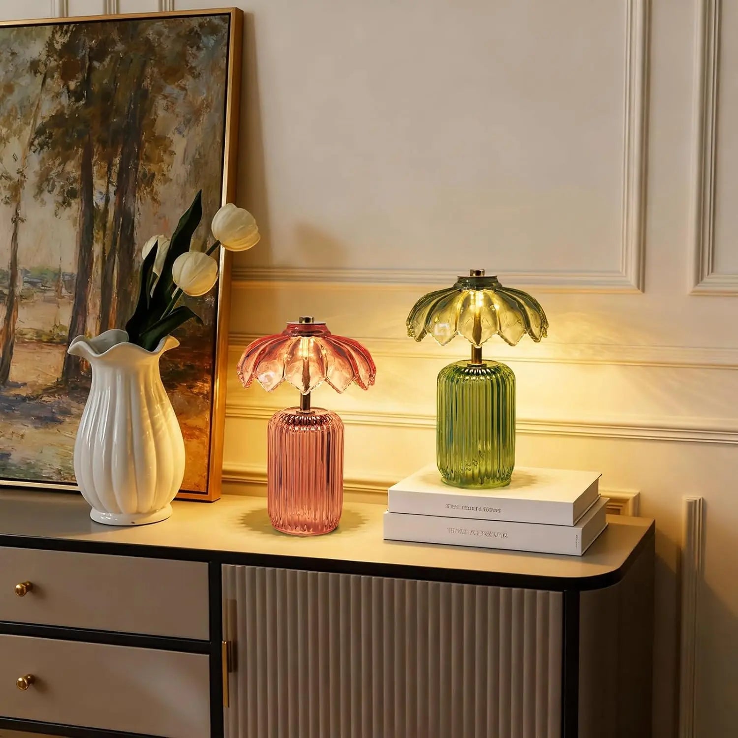 MJ PREMIER Cordless Battery-Operated Lamp with Timer, Crystal Glass Flower Shade, Decorative LED Warm Light for Bedroom and Living Room