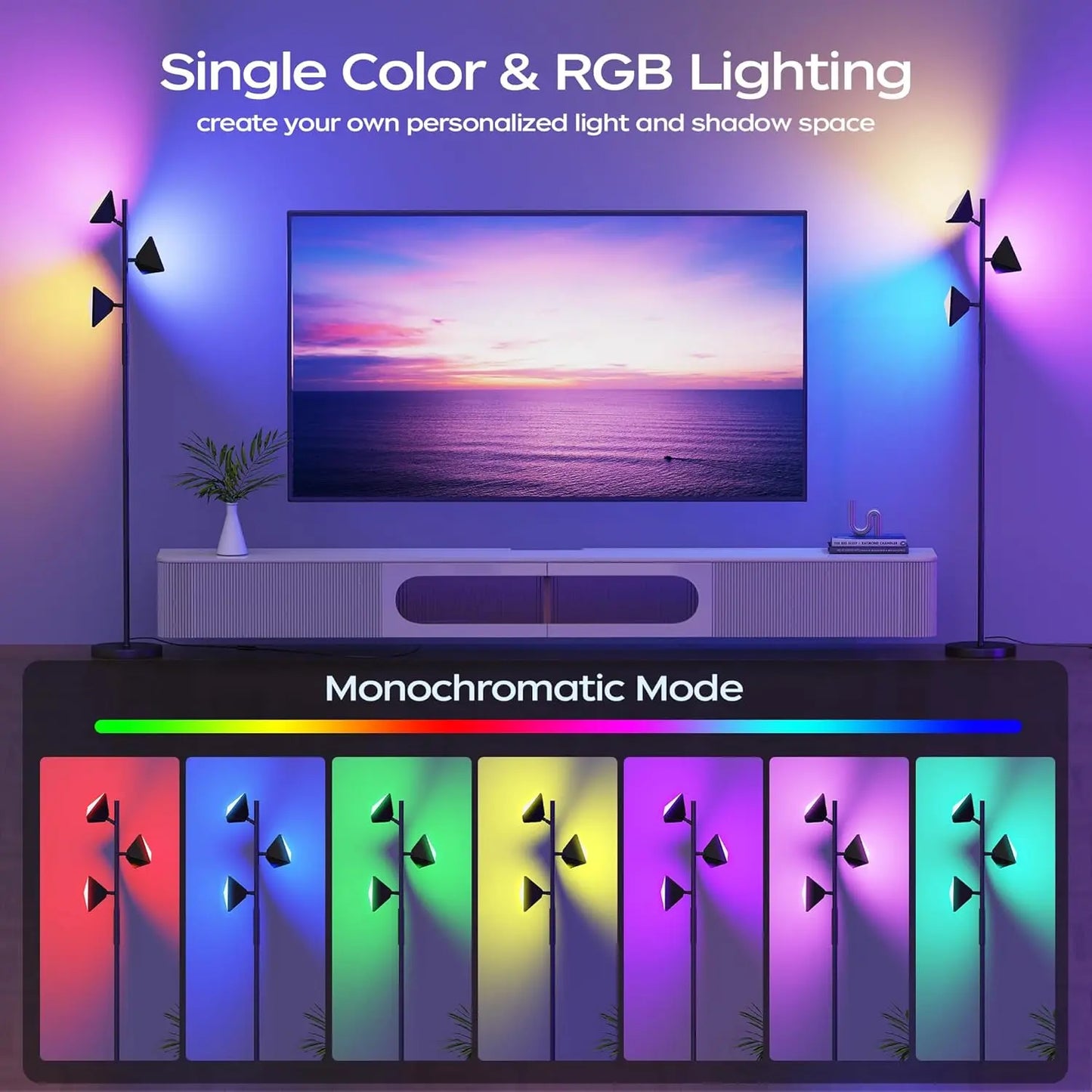 36W RGBCW Adjustable Floor Lamp with Remote and Touch Control - Modern Color Changing LED Tree Design for Living Room, Bedroom, and Gaming Room - Black Finish (2700K-6500K)