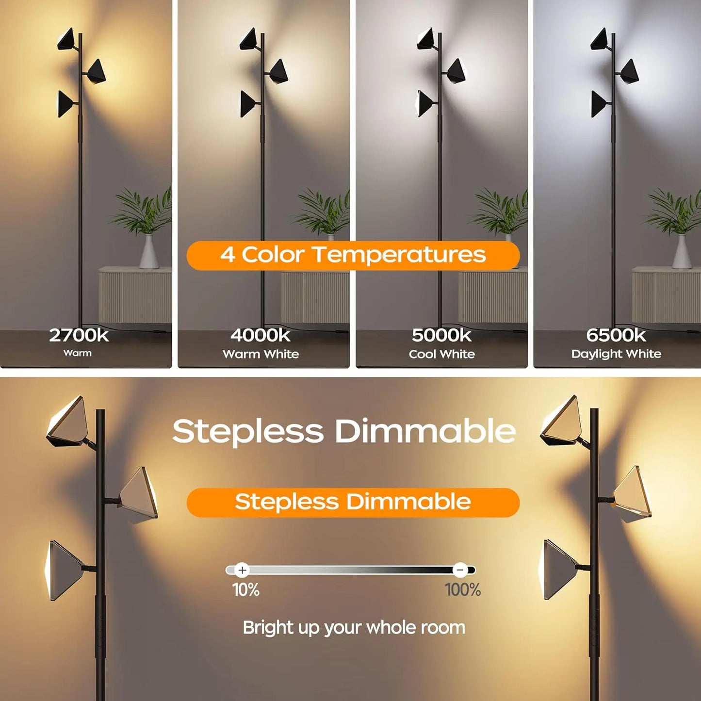 36W RGBCW Adjustable Floor Lamp with Remote and Touch Control - Modern Color Changing LED Tree Design for Living Room, Bedroom, and Gaming Room - Black Finish (2700K-6500K)
