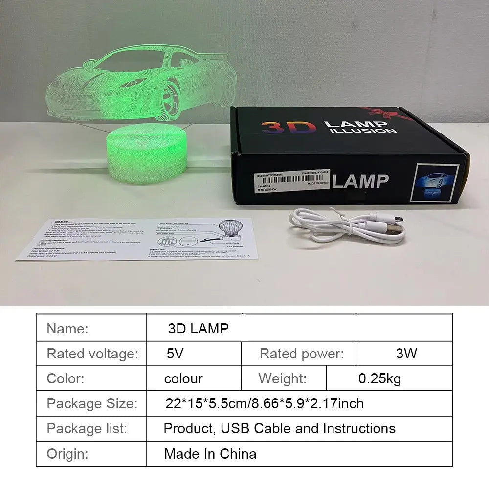 3D Car Design LED Night Light, USB-Powered Creative Desk Lamp, Decorative Ambient Lighting for Home, Bedroom, Living Room, Office - Ideal Gift for Men, Boyfriends, Children, and Family