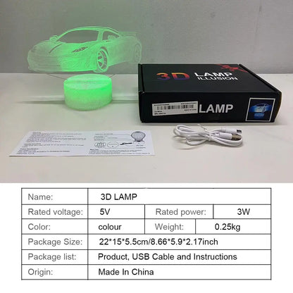 3D Car Design LED Night Light, USB-Powered Creative Desk Lamp, Decorative Ambient Lighting for Home, Bedroom, Living Room, Office - Ideal Gift for Men, Boyfriends, Children, and Family