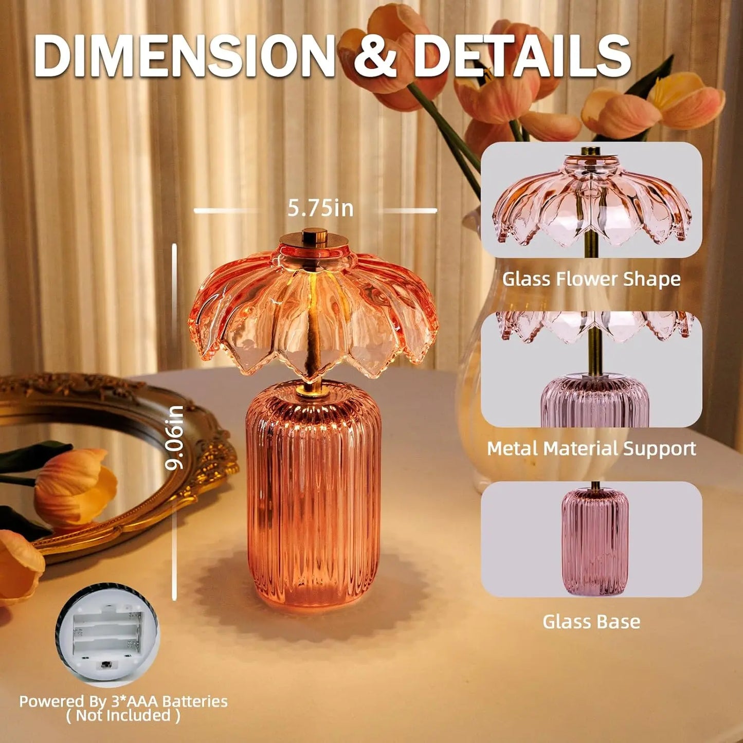 MJ PREMIER Cordless Battery-Operated Lamp with Timer, Crystal Glass Flower Shade, Decorative LED Warm Light for Bedroom and Living Room