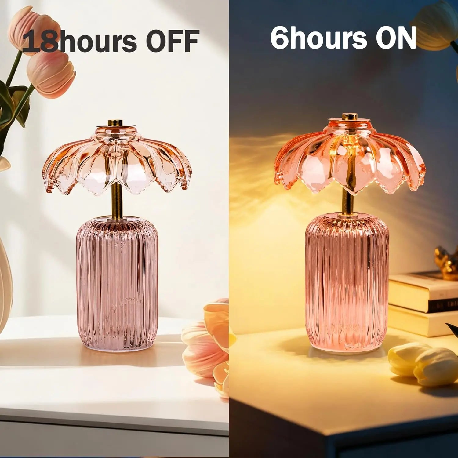 MJ PREMIER Cordless Battery-Operated Lamp with Timer, Crystal Glass Flower Shade, Decorative LED Warm Light for Bedroom and Living Room