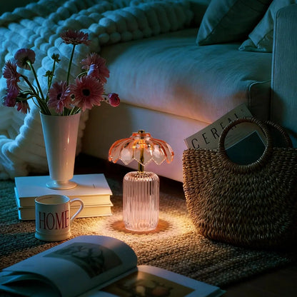 MJ PREMIER Cordless Battery-Operated Lamp with Timer, Crystal Glass Flower Shade, Decorative LED Warm Light for Bedroom and Living Room