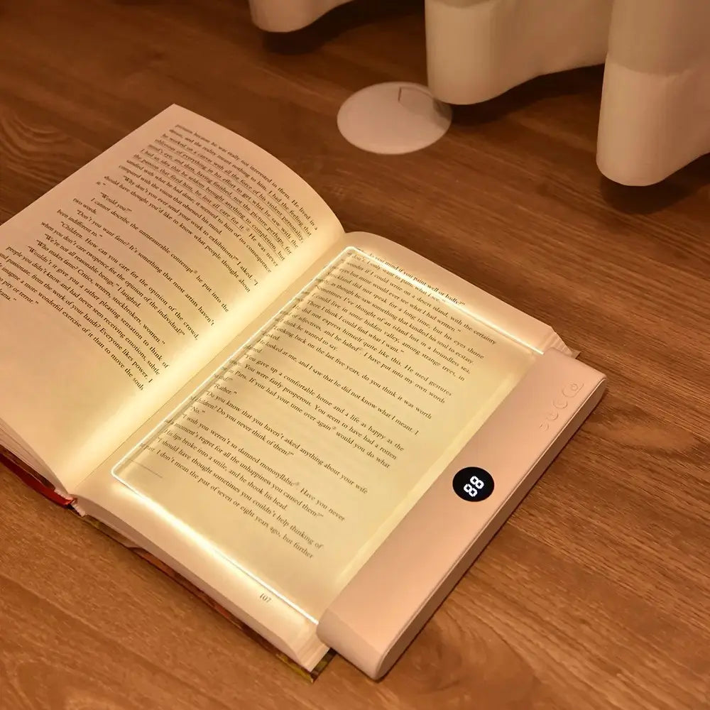 Rechargeable Flat LED Full Page Book Light with Timer and Dimmable Clear Panel for Night Reading, Portable Bedside Study Lamp for Students and Avid Readers