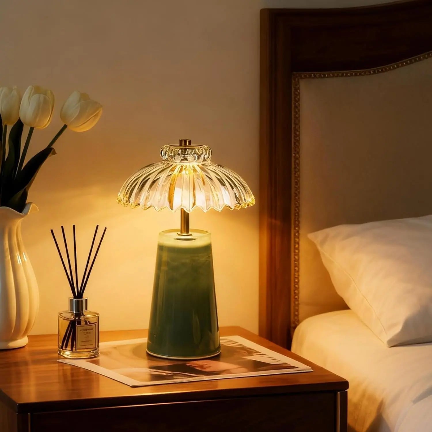 MJ PREMIER Cordless Battery-Operated Lamp with Timer, Crystal Glass Flower Shade, Compact Decorative LED Warm Light for Bedroom and Living Room Shelves