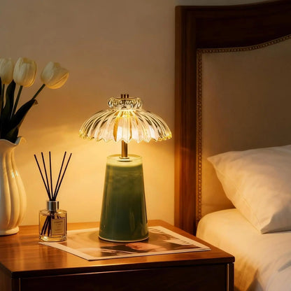 MJ PREMIER Cordless Battery-Operated Lamp with Timer, Crystal Glass Flower Shade, Compact Decorative LED Warm Light for Bedroom and Living Room Shelves