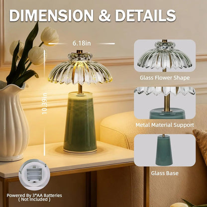 MJ PREMIER Cordless Battery-Operated Lamp with Timer, Crystal Glass Flower Shade, Compact Decorative LED Warm Light for Bedroom and Living Room Shelves
