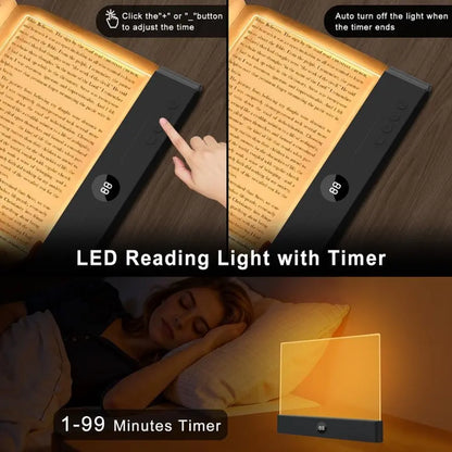 Rechargeable Flat LED Full Page Book Light with Timer and Dimmable Clear Panel for Night Reading, Portable Bedside Study Lamp for Students and Avid Readers