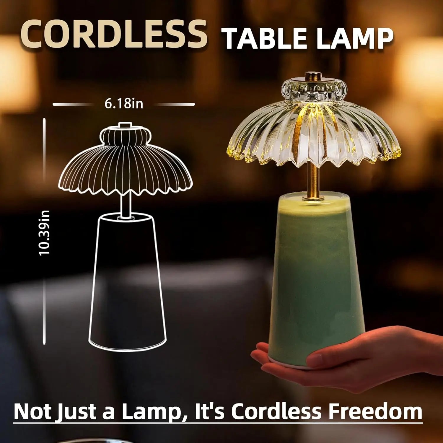 MJ PREMIER Cordless Battery-Operated Lamp with Timer, Crystal Glass Flower Shade, Compact Decorative LED Warm Light for Bedroom and Living Room Shelves