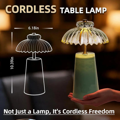 MJ PREMIER Cordless Battery-Operated Lamp with Timer, Crystal Glass Flower Shade, Compact Decorative LED Warm Light for Bedroom and Living Room Shelves