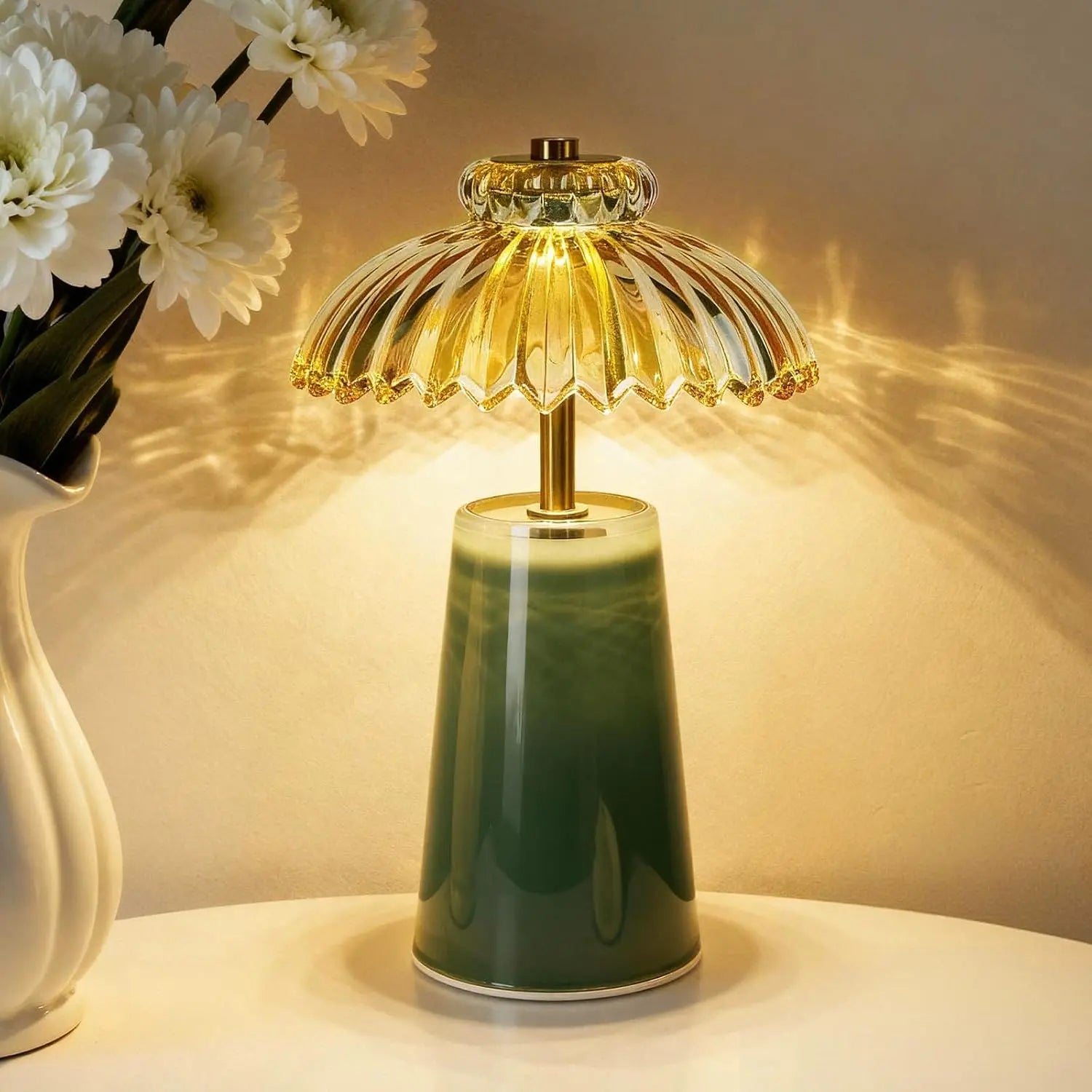 MJ PREMIER Cordless Battery-Operated Lamp with Timer, Crystal Glass Flower Shade, Compact Decorative LED Warm Light for Bedroom and Living Room Shelves