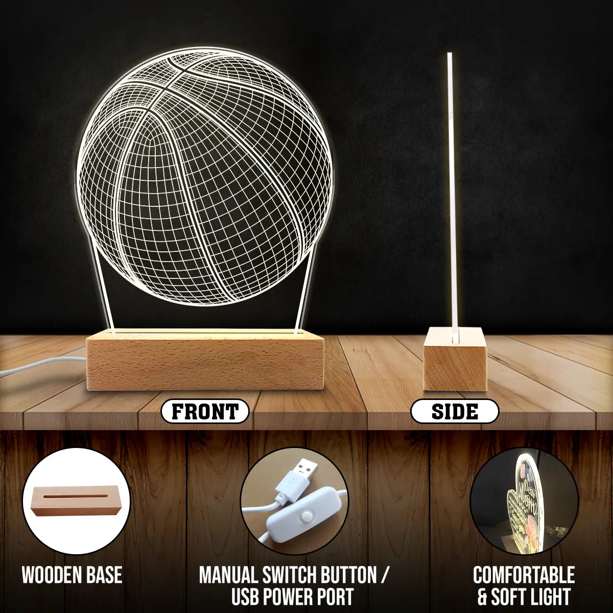 SANDJEST Basketball Night Light - Basketball 3D Illusion Lamp Acrylic Night Lights Gifts for Kids Boys Men Desk Room Bedroom Decor on Birthday Christmas