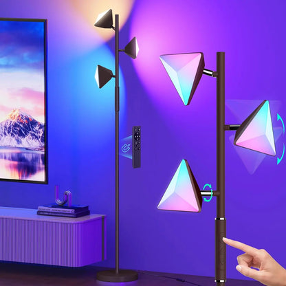 36W RGBCW Adjustable Floor Lamp with Remote and Touch Control - Modern Color Changing LED Tree Design for Living Room, Bedroom, and Gaming Room - Black Finish (2700K-6500K)