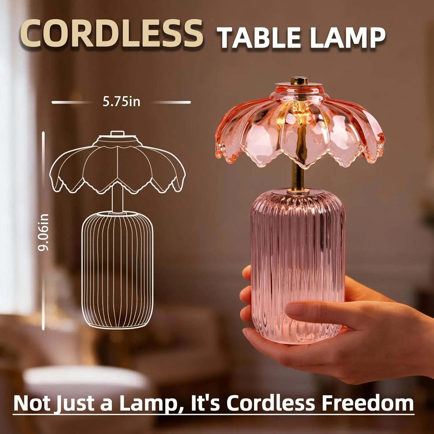 MJ PREMIER Cordless Battery-Operated Lamp with Timer, Crystal Glass Flower Shade, Decorative LED Warm Light for Bedroom and Living Room