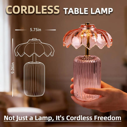 MJ PREMIER Cordless Battery-Operated Lamp with Timer, Crystal Glass Flower Shade, Decorative LED Warm Light for Bedroom and Living Room