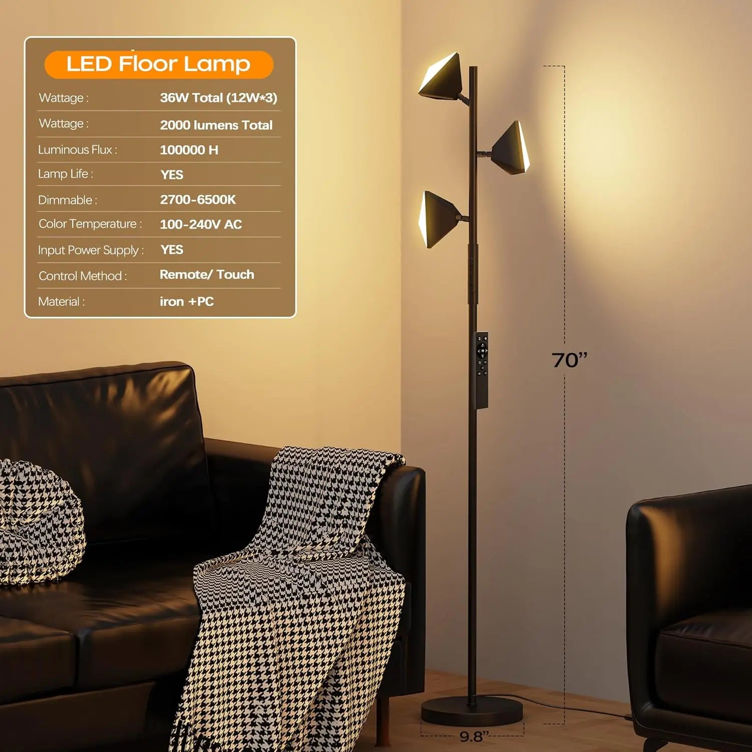 36W RGBCW Adjustable Floor Lamp with Remote and Touch Control - Modern Color Changing LED Tree Design for Living Room, Bedroom, and Gaming Room - Black Finish (2700K-6500K)