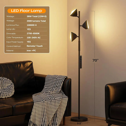 36W RGBCW Adjustable Floor Lamp with Remote and Touch Control - Modern Color Changing LED Tree Design for Living Room, Bedroom, and Gaming Room - Black Finish (2700K-6500K)
