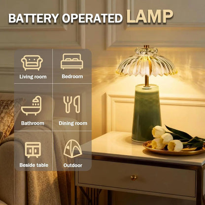 MJ PREMIER Cordless Battery-Operated Lamp with Timer, Crystal Glass Flower Shade, Compact Decorative LED Warm Light for Bedroom and Living Room Shelves