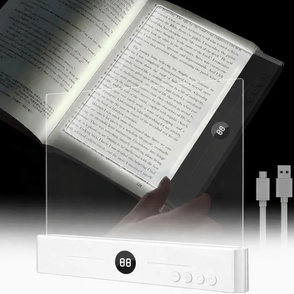 Rechargeable Flat LED Full Page Book Light with Timer and Dimmable Clear Panel for Night Reading, Portable Bedside Study Lamp for Students and Avid Readers