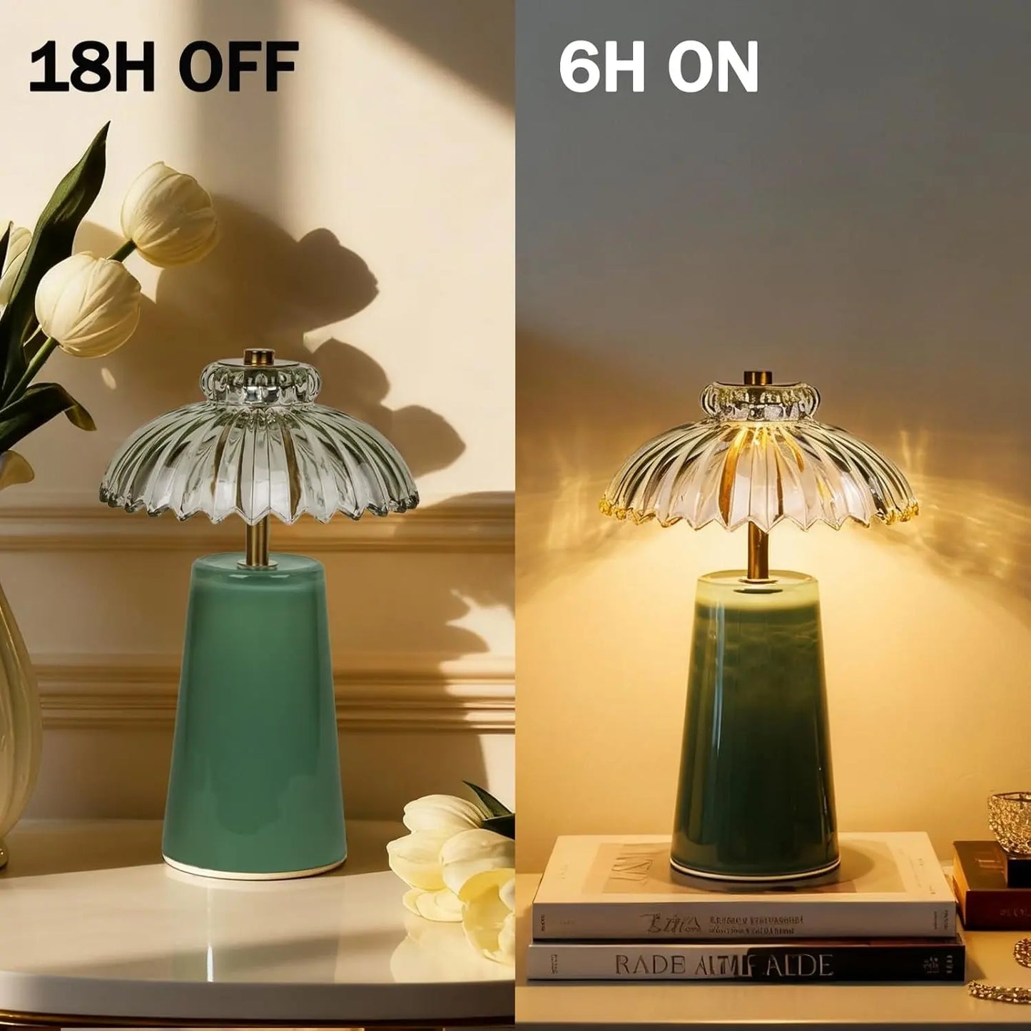MJ PREMIER Cordless Battery-Operated Lamp with Timer, Crystal Glass Flower Shade, Compact Decorative LED Warm Light for Bedroom and Living Room Shelves