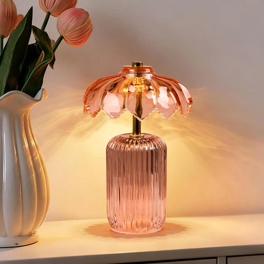 MJ PREMIER Cordless Battery-Operated Lamp with Timer, Crystal Glass Flower Shade, Decorative LED Warm Light for Bedroom and Living Room