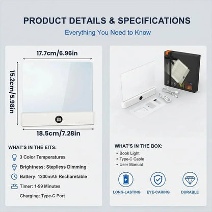 Rechargeable Flat LED Full Page Book Light with Timer and Dimmable Clear Panel for Night Reading, Portable Bedside Study Lamp for Students and Avid Readers