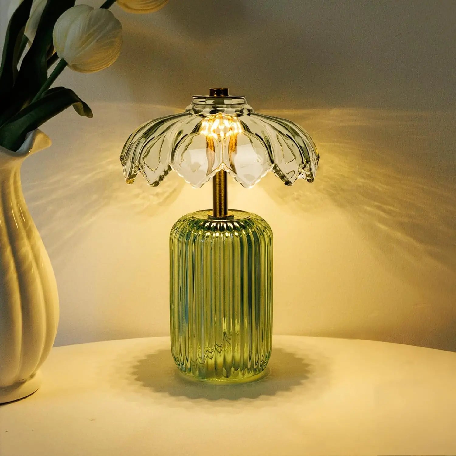 MJ PREMIER Cordless Battery-Operated Lamp with Timer, Crystal Glass Flower Shade, Decorative LED Warm Light for Bedroom and Living Room