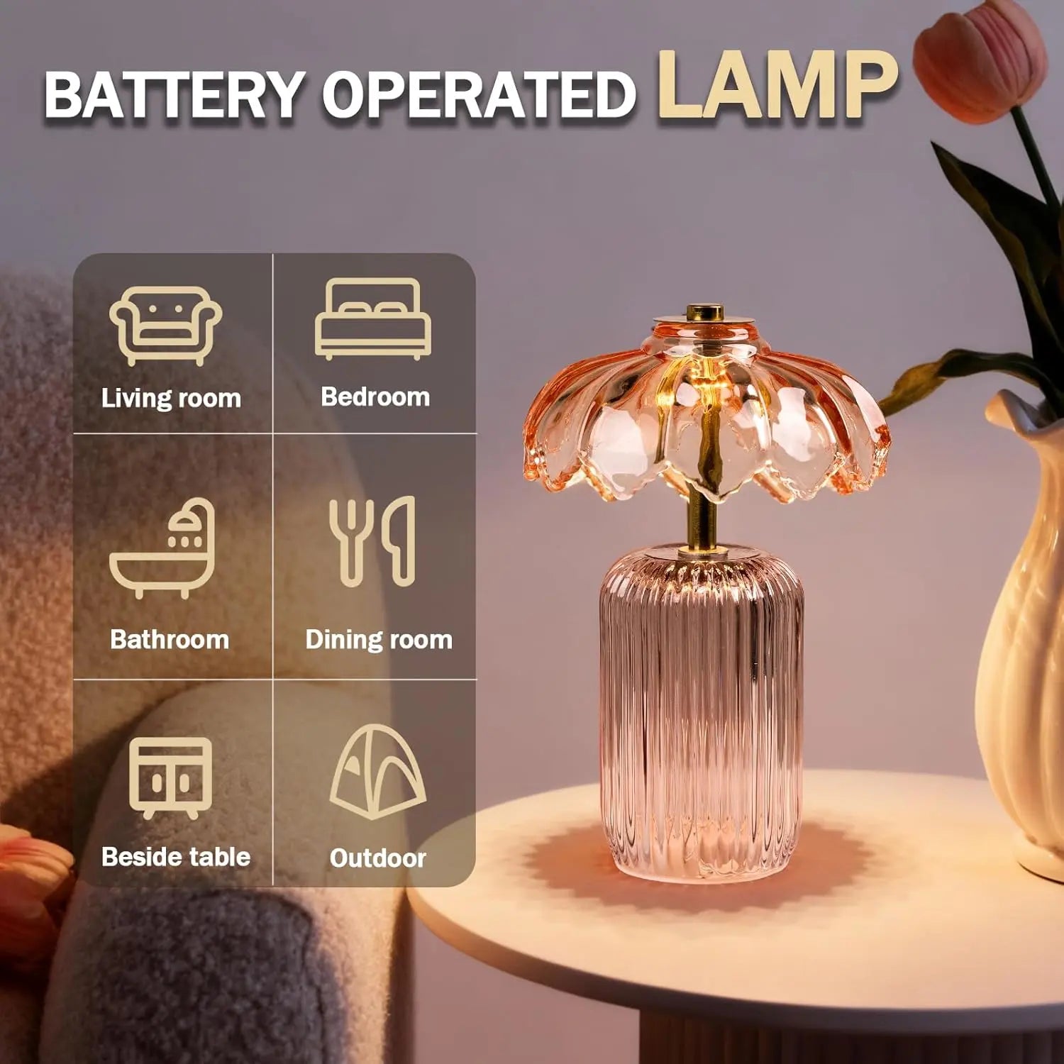 MJ PREMIER Cordless Battery-Operated Lamp with Timer, Crystal Glass Flower Shade, Decorative LED Warm Light for Bedroom and Living Room