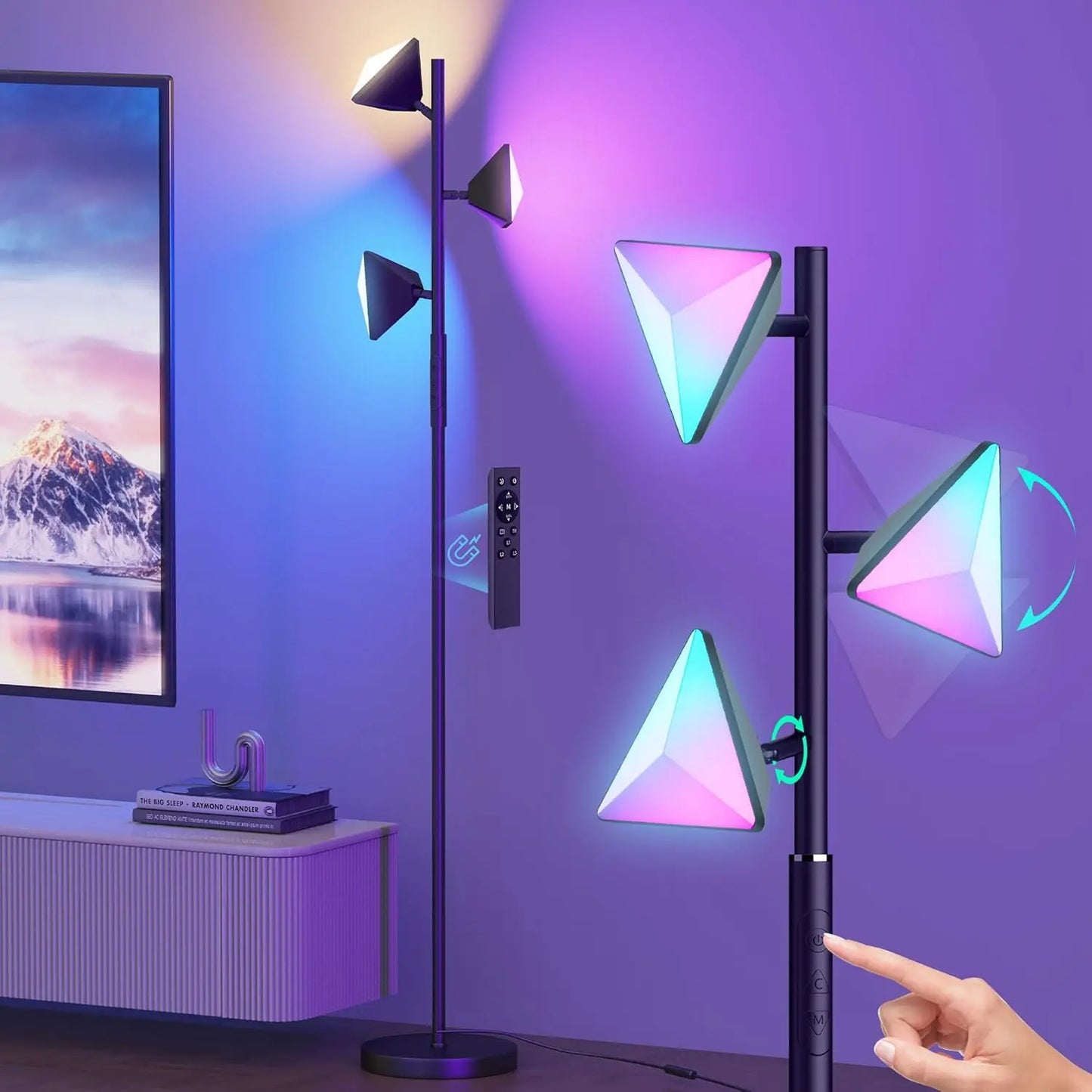 36W RGBCW Adjustable Floor Lamp with Remote and Touch Control - Modern Color Changing LED Tree Design for Living Room, Bedroom, and Gaming Room - Black Finish (2700K-6500K)